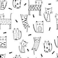 doodle gatos engraçados sem costura com peixes. vetor