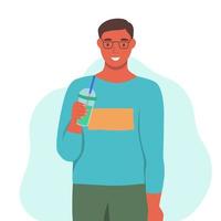 um jovem bebe um smoothie, suco fresco, um coquetel. o conceito de nutrição adequada, estilo de vida saudável. ilustração plana dos desenhos animados. vetor