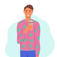 um jovem bebe um smoothie, suco fresco, um coquetel. o conceito de nutrição adequada, estilo de vida saudável. ilustração plana dos desenhos animados. vetor