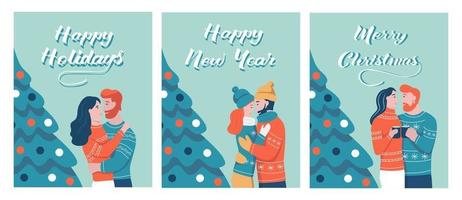 um conjunto de cartões de férias para o Natal. casais apaixonados se abraçam no fundo da árvore de Natal. letras de feliz Natal, feliz ano novo, boas festas. ilustração em vetor plana dos desenhos animados.