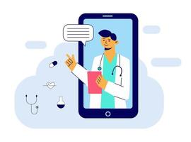 conceito de aplicação de medicina e saúde online para o site. diagnósticos médicos pela Internet. médico videochamada em um smartphone. consulta médica online. ilustração vetorial plana vetor