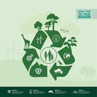Salve  a mundo juntos verde ecologia vetor ilustração.