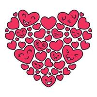mão desenhada ilustrações vetoriais de corações vermelhos emoji kawaii. elemento de cartão postal de saudação para o dia das mães, casamento, dia dos namorados. ilustração do doodle isolada no fundo branco. vetor