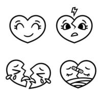 conjunto de corações emoticon bonito dos desenhos animados, feliz, triste, quebrado. vetor
