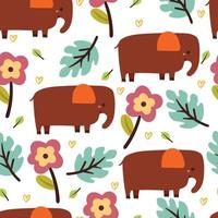 desatado padronizar desenho animado elefante, plantar e flor. fofa animal papel de parede para têxtil presente embrulho papel vetor
