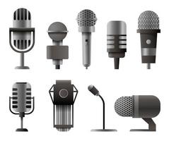 microfone definido em estilo cartoon. microfones para transmissão de podcast de áudio. ilustração isolada no fundo branco vetor