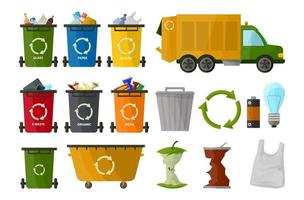 caminhão de lixo e vários tipos de lixeira, isolados no fundo branco, em estilo cartoon. coleta de lixo de roda. recipiente. sinal de processamento de lixo