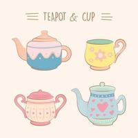 coleção de ilustração vintage fofa xícara de chá e xícara definir vetor de cor plana
