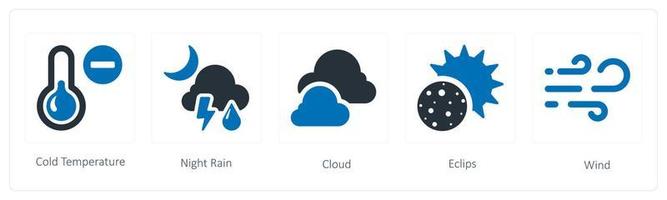 uma conjunto do 5 clima ícones tal Como frio temperatura, noite chuva e nuvem vetor