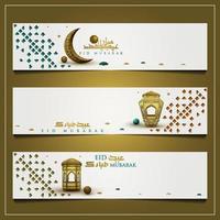 três eid mubarak saudação fundo islâmico padrão floral desenho vetorial com lindas lanternas e caligrafia árabe vetor
