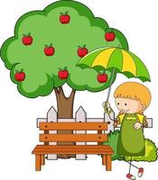 personagem de desenho animado doodle uma garota segurando um guarda-chuva com macieira vetor