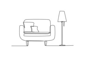 contínuo uma linha desenhando pequeno sofá com almofadas e uma lâmpada. vivo quarto conceito solteiro linha desenhar Projeto gráfico vetor ilustração