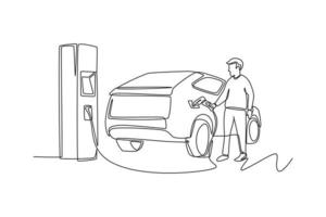 solteiro uma linha desenhando jovem homem o preenchimento a carro gás dentro a gás estação. gás estação conceito contínuo linha desenhar Projeto gráfico vetor ilustração