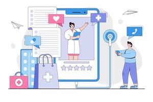 telessaúde serviço, médico conectados consulta conceito com médico em Móvel telefone. esboço Projeto estilo mínimo vetor ilustração para aterrissagem página, rede bandeira, infográficos, herói imagens