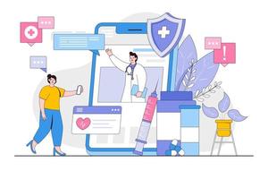 conectados médico conceito com pessoas personagem. profissional masculino médico dando adendo para paciente através Smartphone. telemedicina, telessaúde e assistência médica. vetor ilustração para aterrissagem página