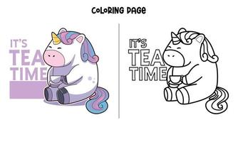 hora do chá com página para colorir de unicórnio vetor