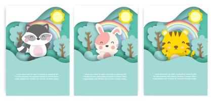cartões de chuveiro de bebê com animais fofos no estilo de corte de papel de floresta. vetor