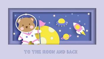 cartão de chá de bebê com fofo urso de pelúcia em pé na lua vetor