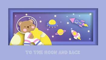 cartão de chá de bebê com fofo urso de pelúcia em pé na lua vetor