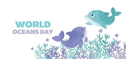 banner do dia dos oceanos do mundo com golfinho fofo em estilo aquarela vetor