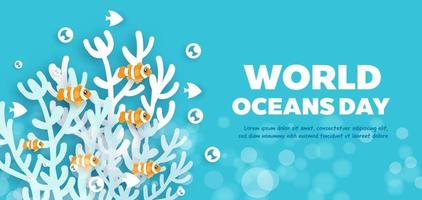 banner do dia dos oceanos do mundo com golfinho fofo no estilo de corte de papel.