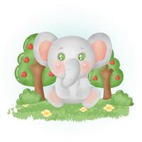 elefante fofo aquarela na floresta. vetor