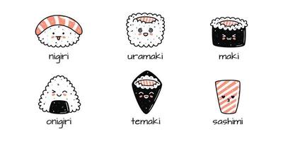 conjunto do kawaii Sushi mascotes dentro desenho animado estilo. diferente tipos do Sushi vetor