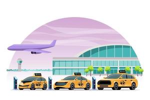 amarelo elétrico carro Táxi cobrando em carregador estação. eletromobilidade emoção conceito. três elétrico bateria carregadores. Táxi estacionado às a aeroporto. vetor ilustração