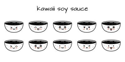 conjunto do kawaii soja molho tigela Sushi mascotes dentro desenho animado estilo. vetor