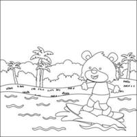 vetor ilustração do surfar Tempo com fofa pequeno Urso às verão. infantil Projeto para crianças atividade coloração livro ou página.