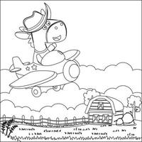 desenho animado ilustração do fofa cavalo vôo dentro a avião com linha arte Projeto mão desenhando esboço vetor ilustração para adulto e crianças coloração livro.