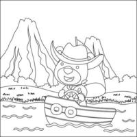 engraçado animal desenho animado vetor em pequeno barco com desenho animado estilo, na moda crianças gráfico com linha arte Projeto mão desenhando esboço para adulto e crianças coloração livro ou página