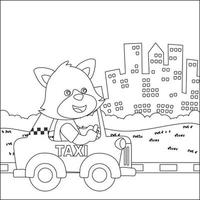 fofa pequeno Raposa dirigindo uma taxista ir para centro da cidade, engraçado animal desenho animado, na moda crianças gráfico com linha arte Projeto mão desenhando esboço vetor ilustração para adulto e crianças coloração livro.