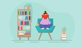 ilustração plana de uma menina lendo um livro em uma cadeira. interior de uma sala ou biblioteca doméstica. vetor