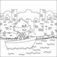 engraçado animal desenho animado vetor em pequeno barco com desenho animado estilo, engraçado vetor ilustração, na moda crianças gráfico com linha arte Projeto mão desenhando esboço vetor ilustração