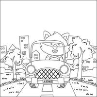 fofa pequeno Raposa desenho animado tendo Diversão dirigindo fora estrada carro em ensolarado dia. desenho animado isolado vetor ilustração, criativo vetor infantil Projeto para crianças atividade coloração livro ou página.