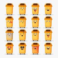 Conjunto de lata de lixo fofa com emoticons vetor