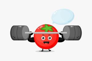 mascote do tomate fofo levantando uma barra vetor