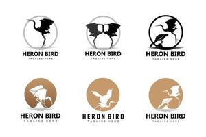 design de logotipo de cegonha de garça de pássaro, garça de pássaros voando no vetor do rio, ilustração de marca de produto