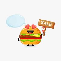 Mascote de hambúrguer fofo com placa de venda vetor