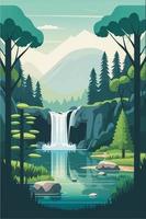 sereno natureza panorama com lago, cascata e exuberante verde árvores plano vetor ilustração ideal para social meios de comunicação Postagens e Publicidades