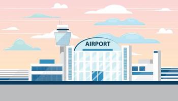 moderno ilustração do aeroporto construção com ao controle torre. panorâmico aeródromo panorama. urbano arquitetura com nuvens e céu dentro a fundo. vetor
