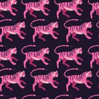 desatado padronizar com mão desenhado exótico grande gato tigre, dentro brilhante rosa, em roxa fundo. colorida plano vetor ilustração