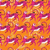 desatado padronizar com mão desenhado exótico grande gato tigre, dentro brilhante Rosa em vibrante laranja fundo. colorida plano vetor ilustração