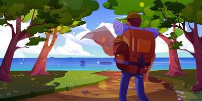 homem viagem com mapa e mochila perto mar e árvore vetor