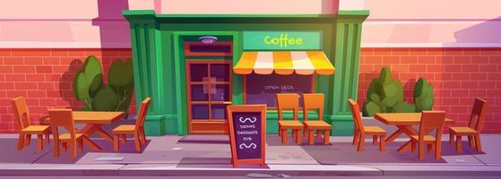 café comprar, cafeteria ou restaurante exterior em rua vetor