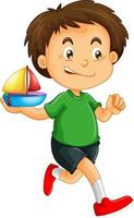 personagem de desenho animado de menino feliz segurando um navio de brinquedo vetor