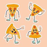 desenho animado personagem retro adesivo pizza Comida anos 70. dentro na moda groovy hippie retro estilo. vetor