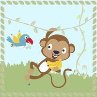 fofa macaco segurando banana, engraçado pássaro carregando uvas, desenho animado vetor