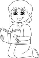 menina lendo uma Bíblia isolado coloração página vetor
